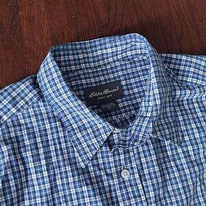 Eddie Bauer XL Short Sleeve Shirt Blue White Plaid 100% Cotton Button Front